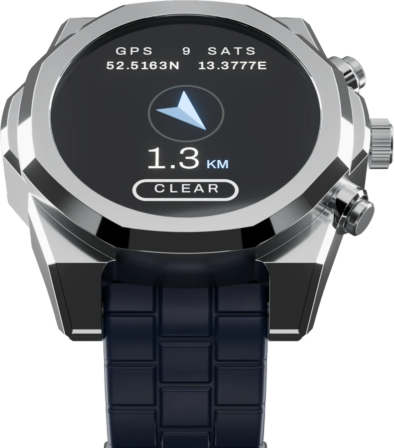 Airframe on the navy rubber strap showing the way back: an arrow pointing to a saved spot 1.3 km away, nine satellites in view.