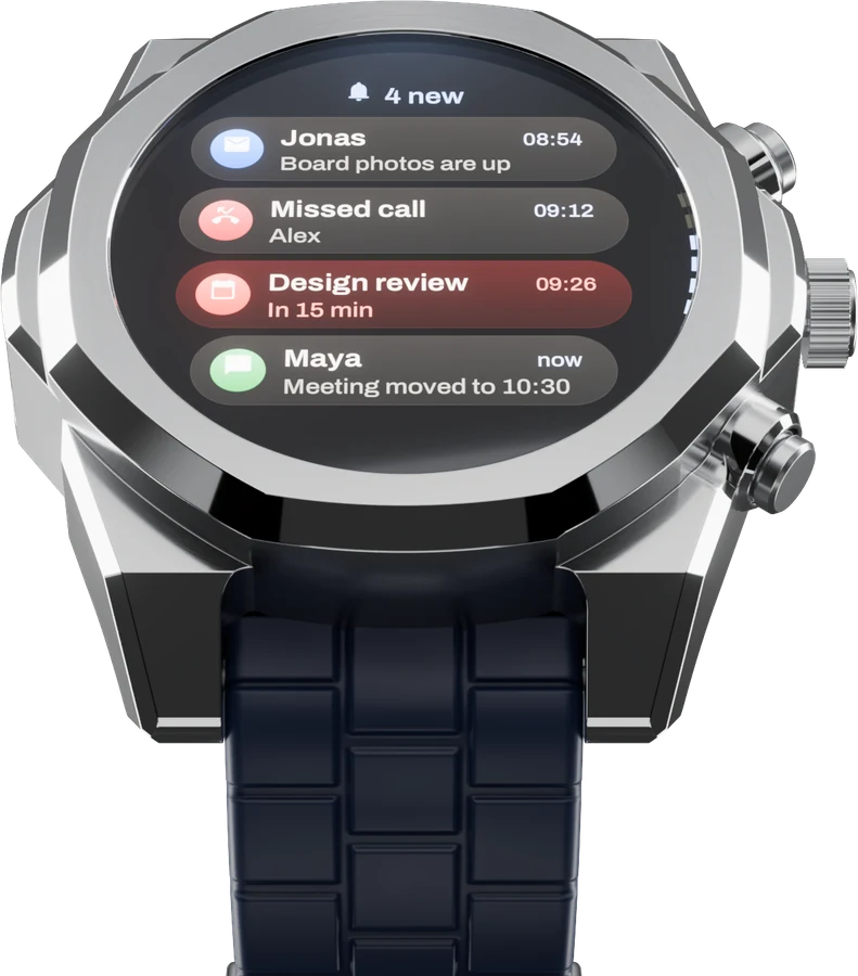 Airframe on the navy rubber strap showing four new notifications: a message, a missed call, a calendar reminder and a chat.