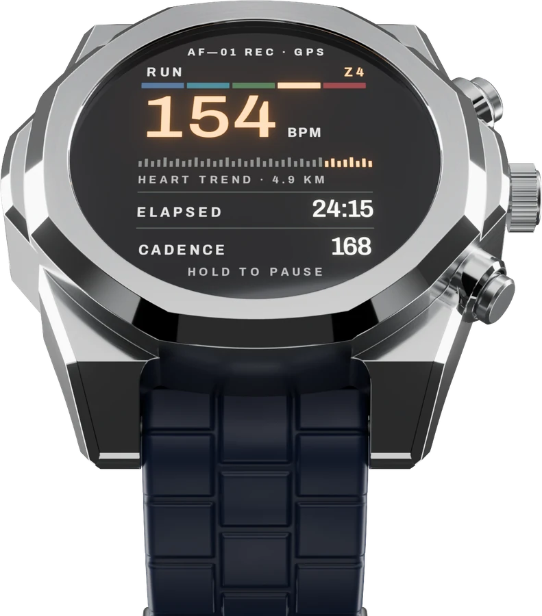 Airframe on the navy rubber strap showing a run with GPS: 154 bpm in zone 4, 24:15 elapsed, cadence 168.