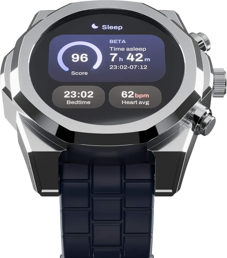 Airframe on the navy rubber strap showing last night: sleep score 96, 7 h 42 min asleep, bedtime 23:02, average heart rate 62.