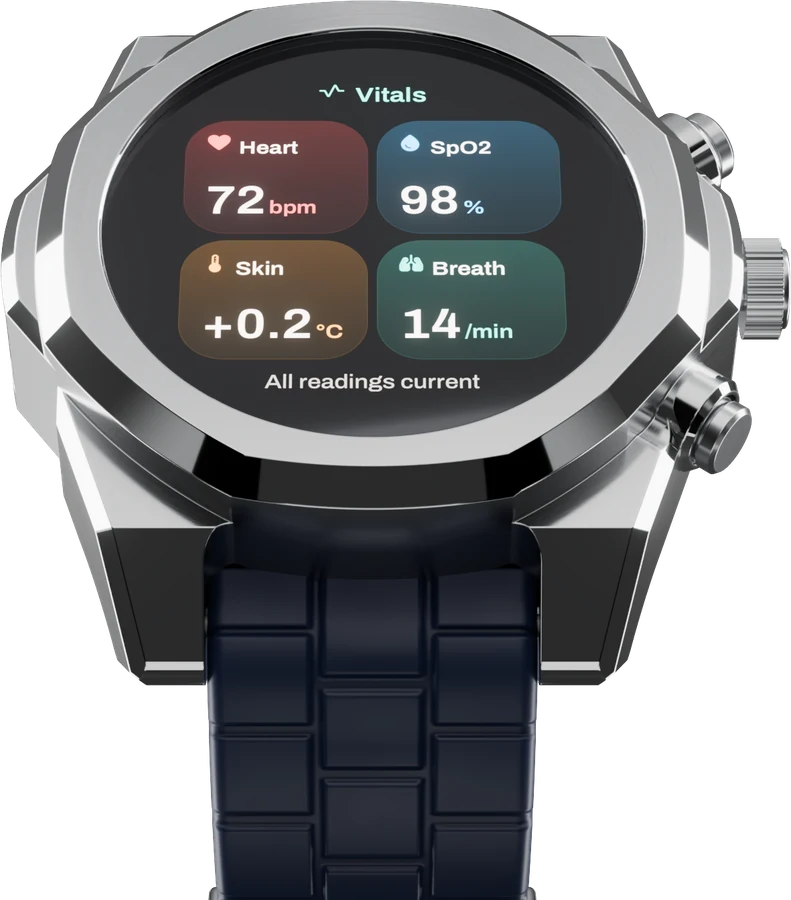 Airframe on the navy rubber strap showing vitals: heart rate 72, blood oxygen 98 percent, skin temperature and breathing rate.