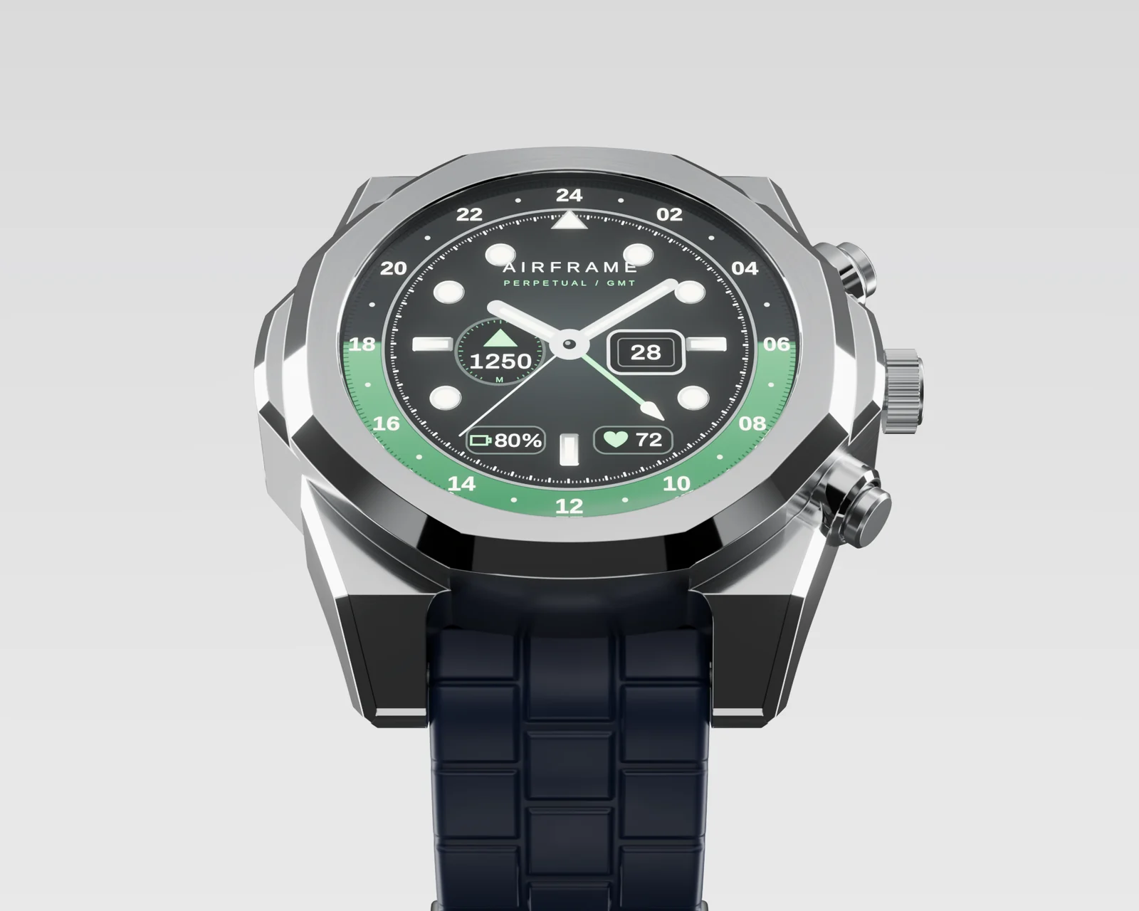 Airframe from the front on the navy rubber strap with its block pattern: black GMT dial with a green 24-hour ring.