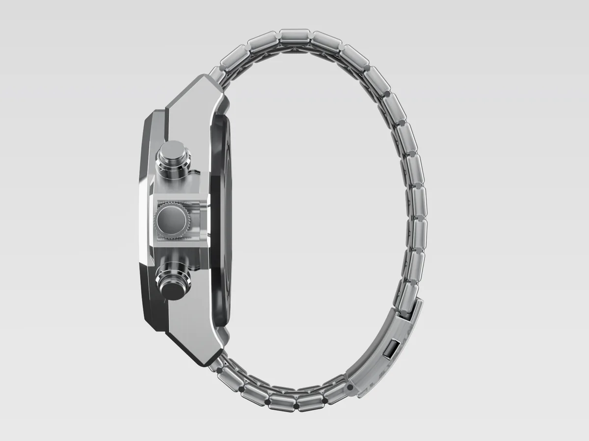 Render of the watch from the side on the steel link bracelet, closed with its folding clasp.