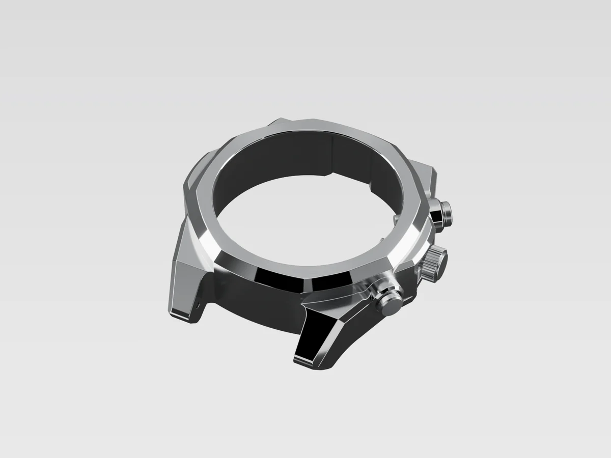 Render of the empty one-piece case with its crown and two pushers, seen from above.