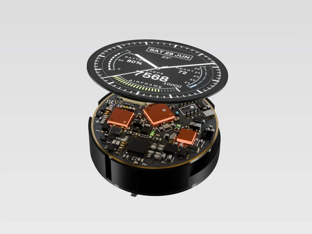 Render of the round AMOLED display lifted off the Tech Puck, with the board and its chips underneath.